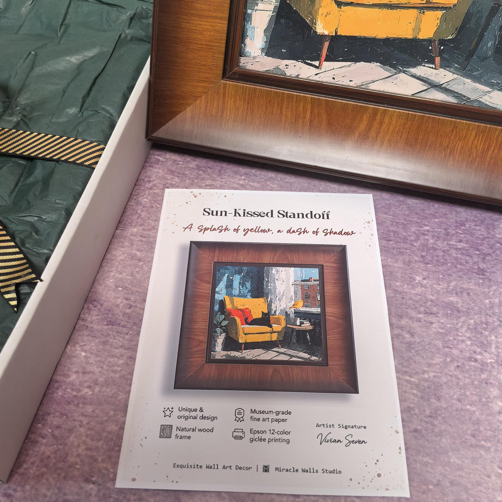 A close-up of the product specification card for "Sun-Kissed Standoff," featuring the tagline "A splash of yellow, a dash of shadow." The card lists the use of museum-grade fine art paper and Epson 12-color giclée printing.