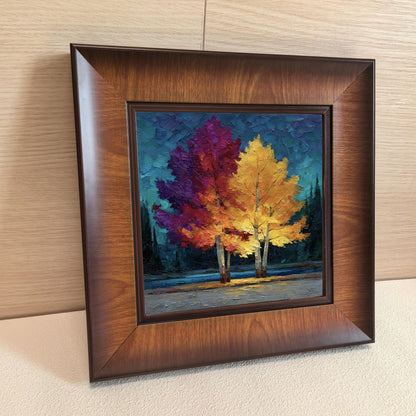 Angled side view of a thick walnut-finish square frame leaning against a light wood wall, highlighting the grain and high-quality mitered corners.