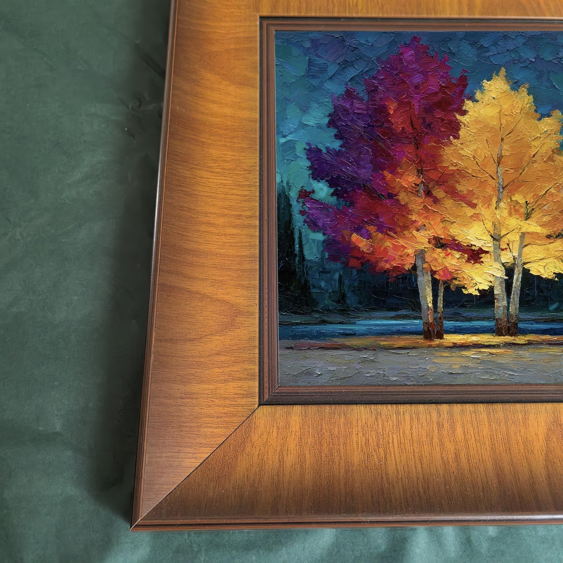 Close-up macro shot of the lower-left corner of the wooden frame, showing the textured impasto brushwork of the autumn tree print.