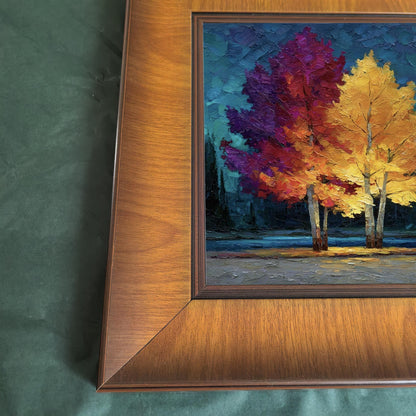 Close-up macro shot of the lower-left corner of the wooden frame, showing the textured impasto brushwork of the autumn tree print.