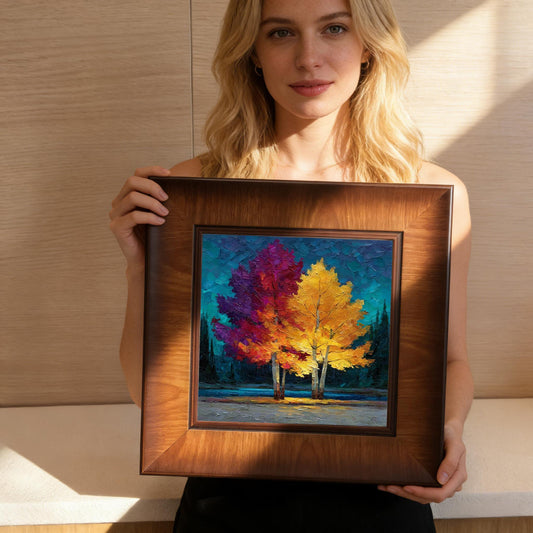 A woman holding the square-framed colorful forest print in front of her, providing a clear reference for the product's size and scale.