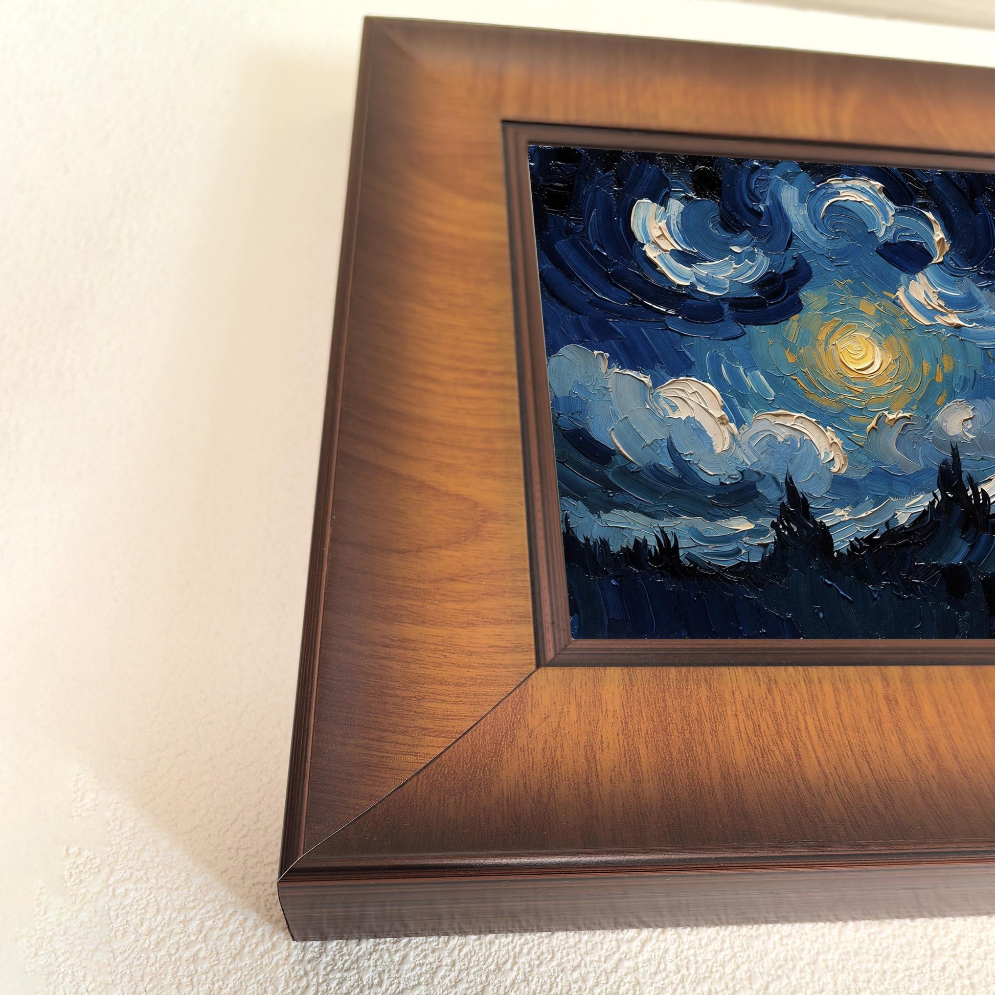 Close-up side angle of a square dark wood frame showing the wood grain detail and the 3D texture of the blue impasto oil painting inside.