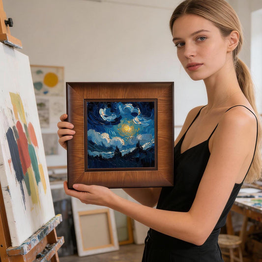 A woman in a black tank top holding a square wood-framed impasto-style painting of a moonlit sky in an artist's studio with an easel and canvases in the background.