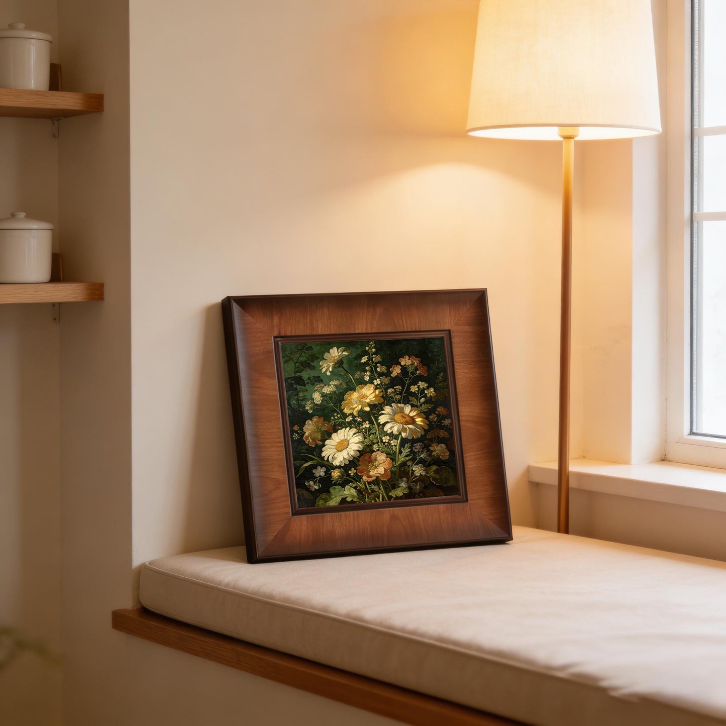 Framed daisy floral print leaning on a cozy window seat next to a glowing lamp, illustrating a warm and peaceful home decor arrangement.