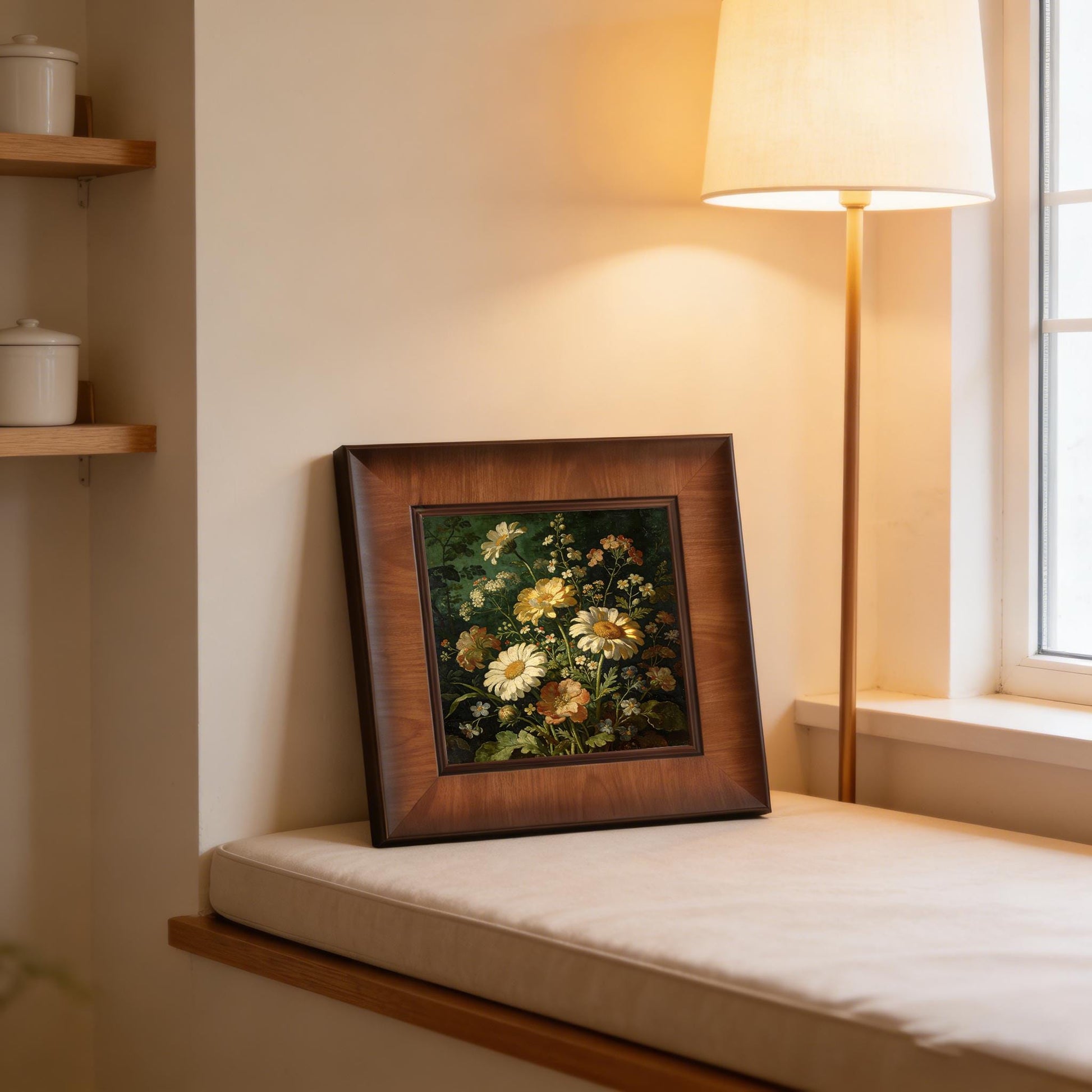 Framed daisy floral print leaning on a cozy window seat next to a glowing lamp, illustrating a warm and peaceful home decor arrangement.