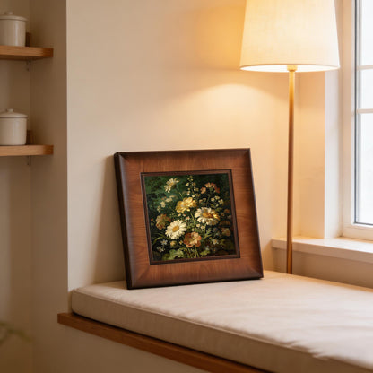 Framed daisy floral print leaning on a cozy window seat next to a glowing lamp, illustrating a warm and peaceful home decor arrangement.