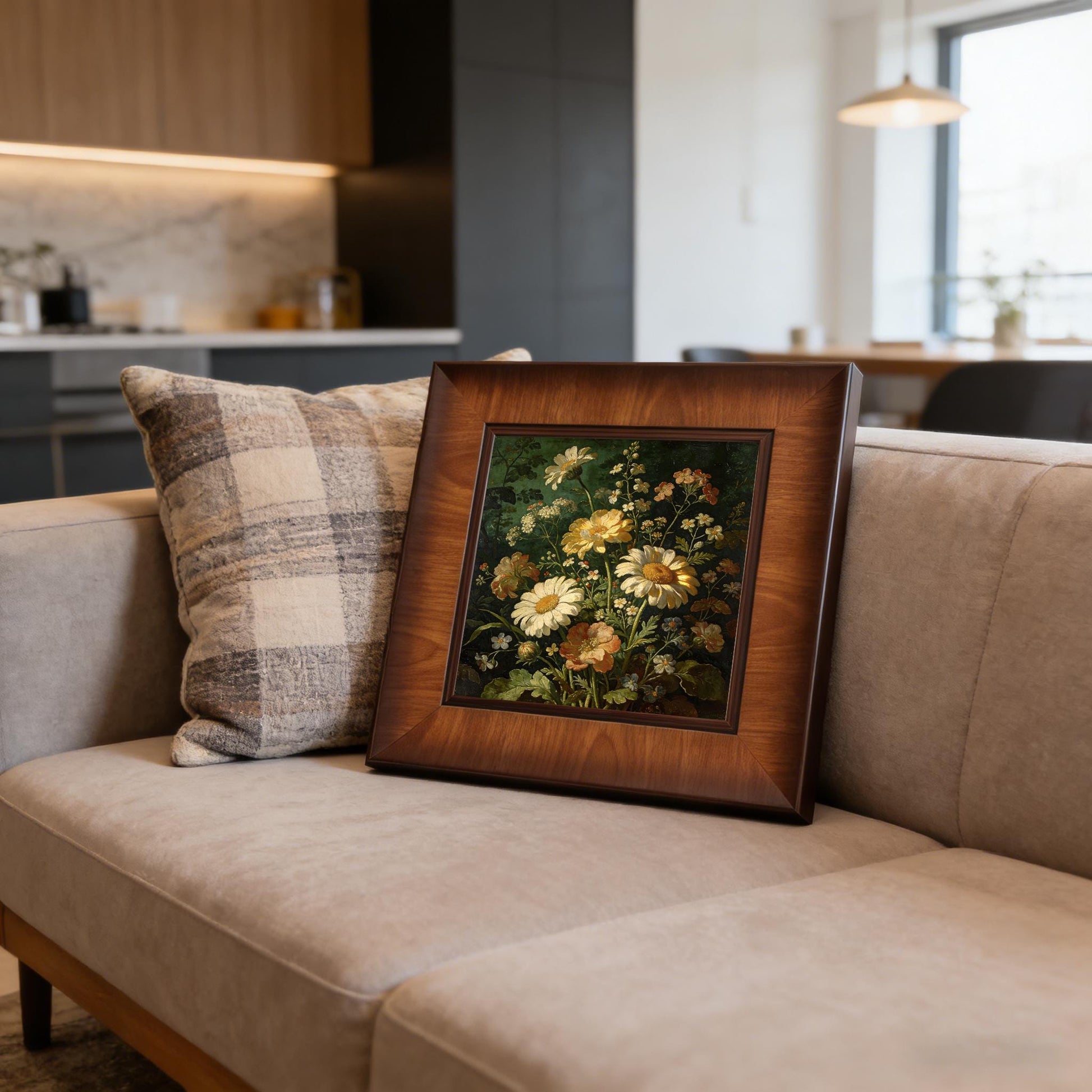 Vintage wildflower print in a square frame leaning against a plaid pillow on a neutral-toned sofa, showing it as a versatile living room accent.