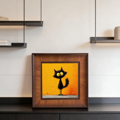 Square framed black cat painting displayed on a black sideboard in a contemporary interior with minimalist floating shelves.