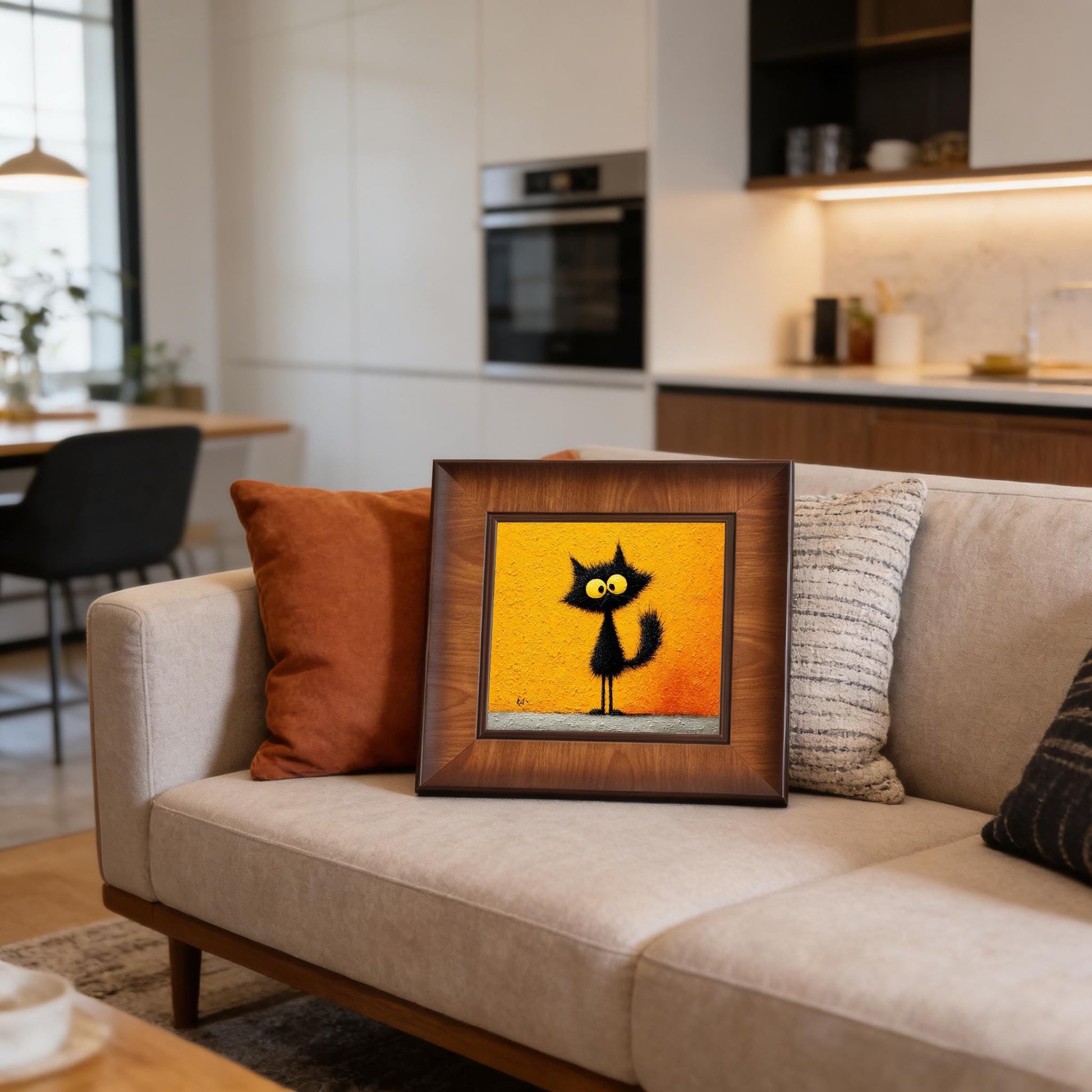 Whimsical cat wall art in a dark wood frame resting on a beige sofa in a stylish, blurred modern kitchen and living room setting.