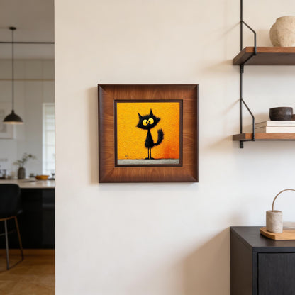 Minimalist home decor shot featuring a square framed black cat artwork centered on a white wall in a bright, modern open-concept apartment.