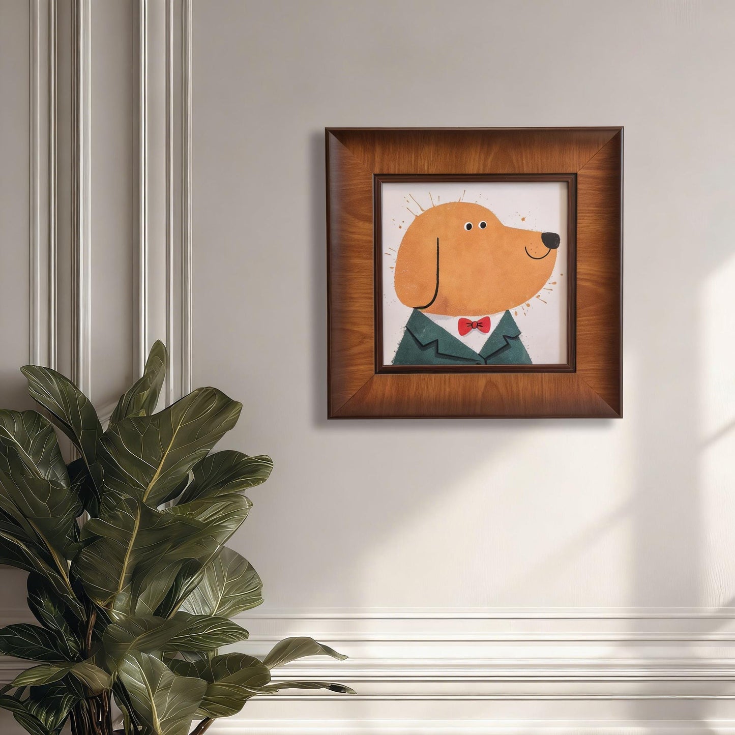 A square wooden framed art print of a whimsical golden dog in a green suit and red bowtie, hanging on a light grey wall above a large green indoor plant.