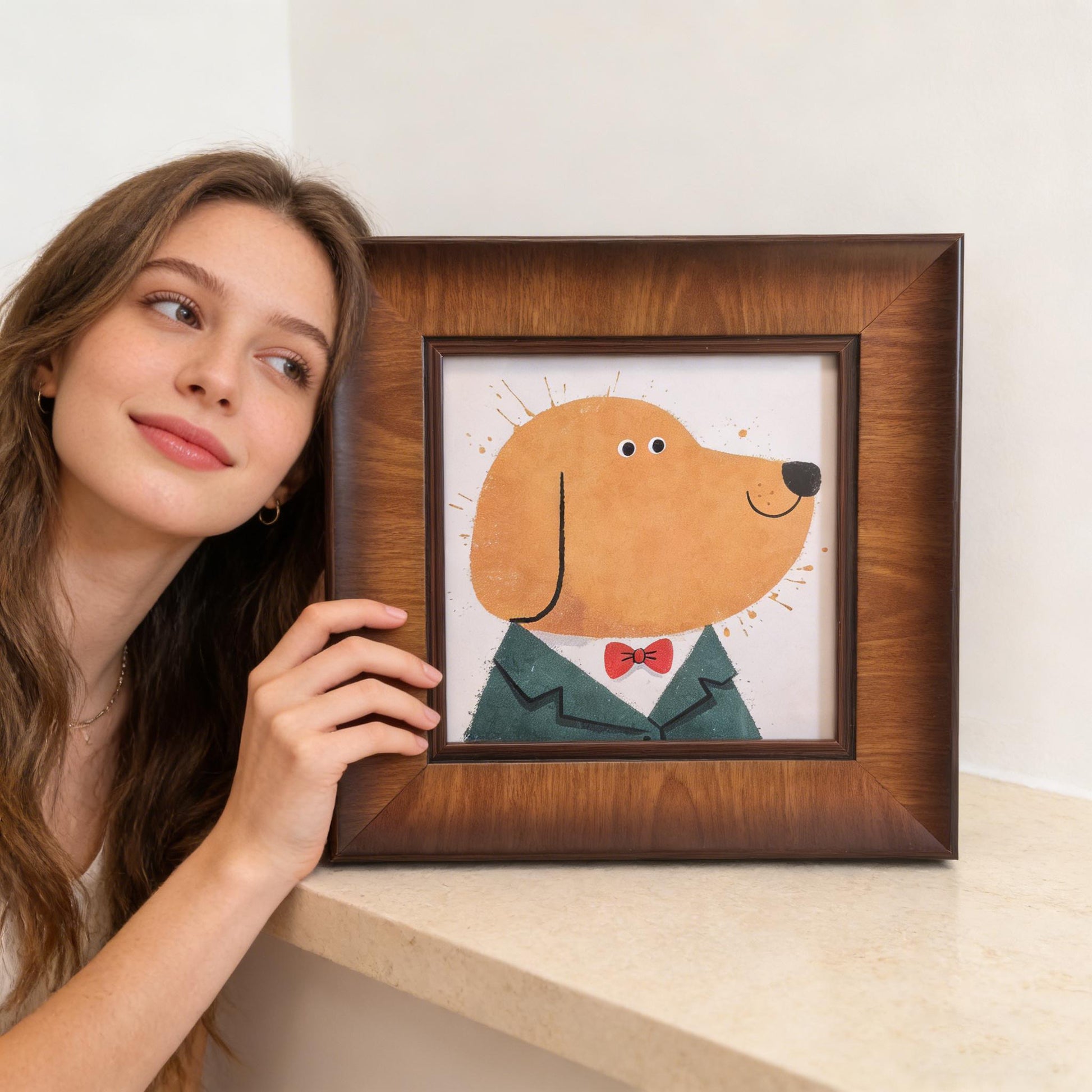 A woman leaning her head against a square wood-framed illustration of a smiling yellow dog wearing a suit, placed on a light-colored stone ledge.