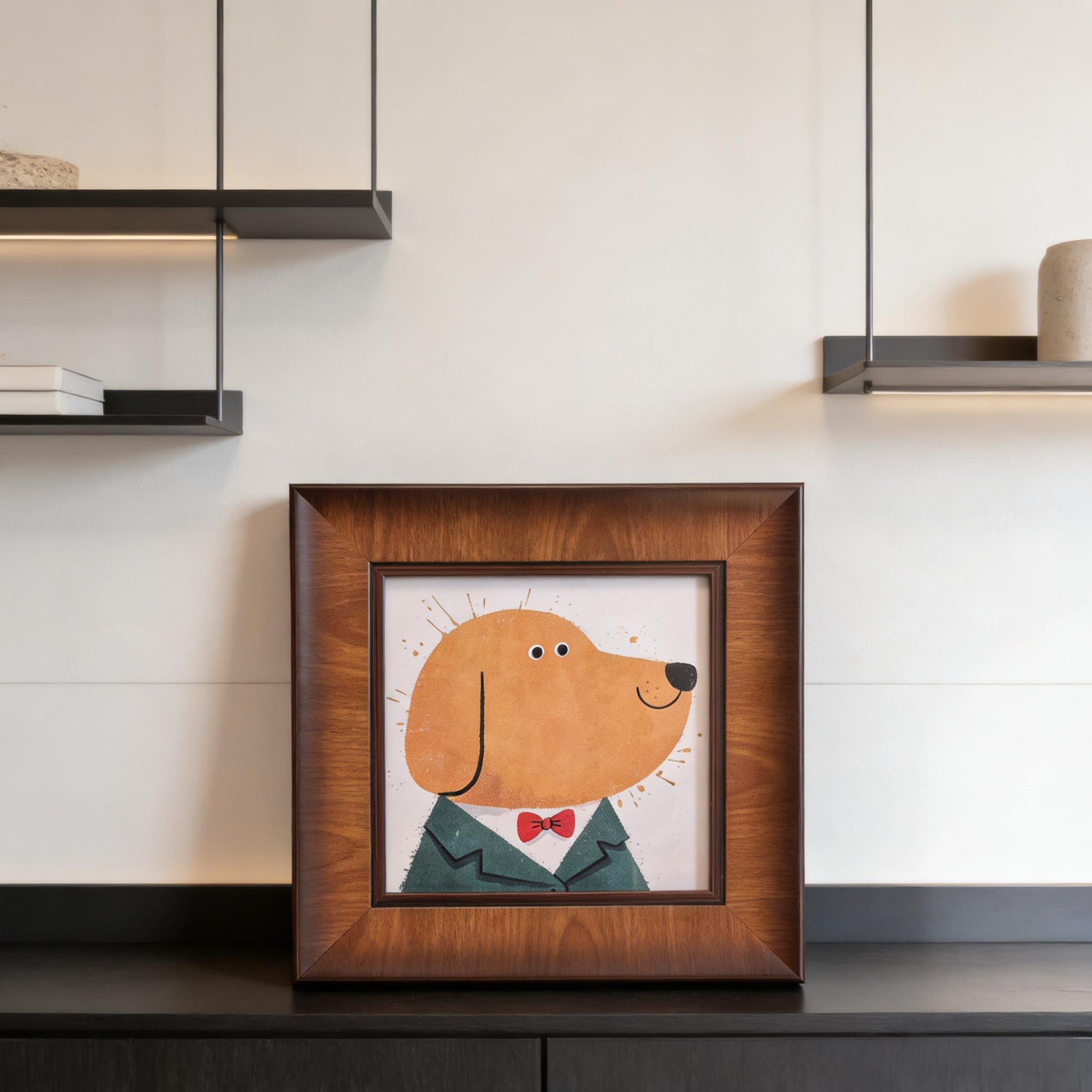 A square wooden framed art piece of a dapper dog in a suit, displayed on a black console table beneath modern floating shelves.