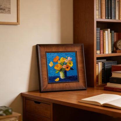 A square wooden framed impasto flower painting sitting on a dark wood desk next to a bookshelf and open books.