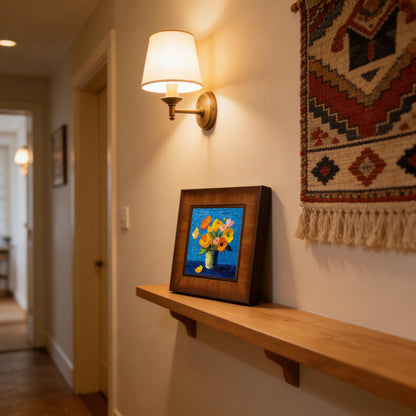 Vibrant floral oil print in a square wooden frame styled on a wooden hallway shelf under a warm wall sconce lamp.