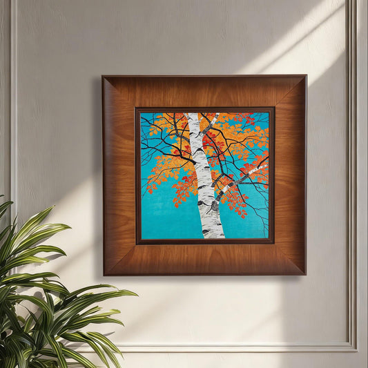 Square wood-framed birch tree art print hanging on a classic off-white paneled wall, positioned above a lush green indoor plant in a bright, sunlit room.