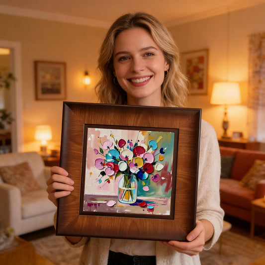 A smiling woman holding the square wood-framed floral print, demonstrating the physical size and scale of the artwork in a living room.