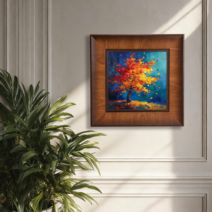 Square wood-framed oil painting of a vibrant autumn tree with red and yellow leaves hanging on a white paneled wall with soft sunlight.