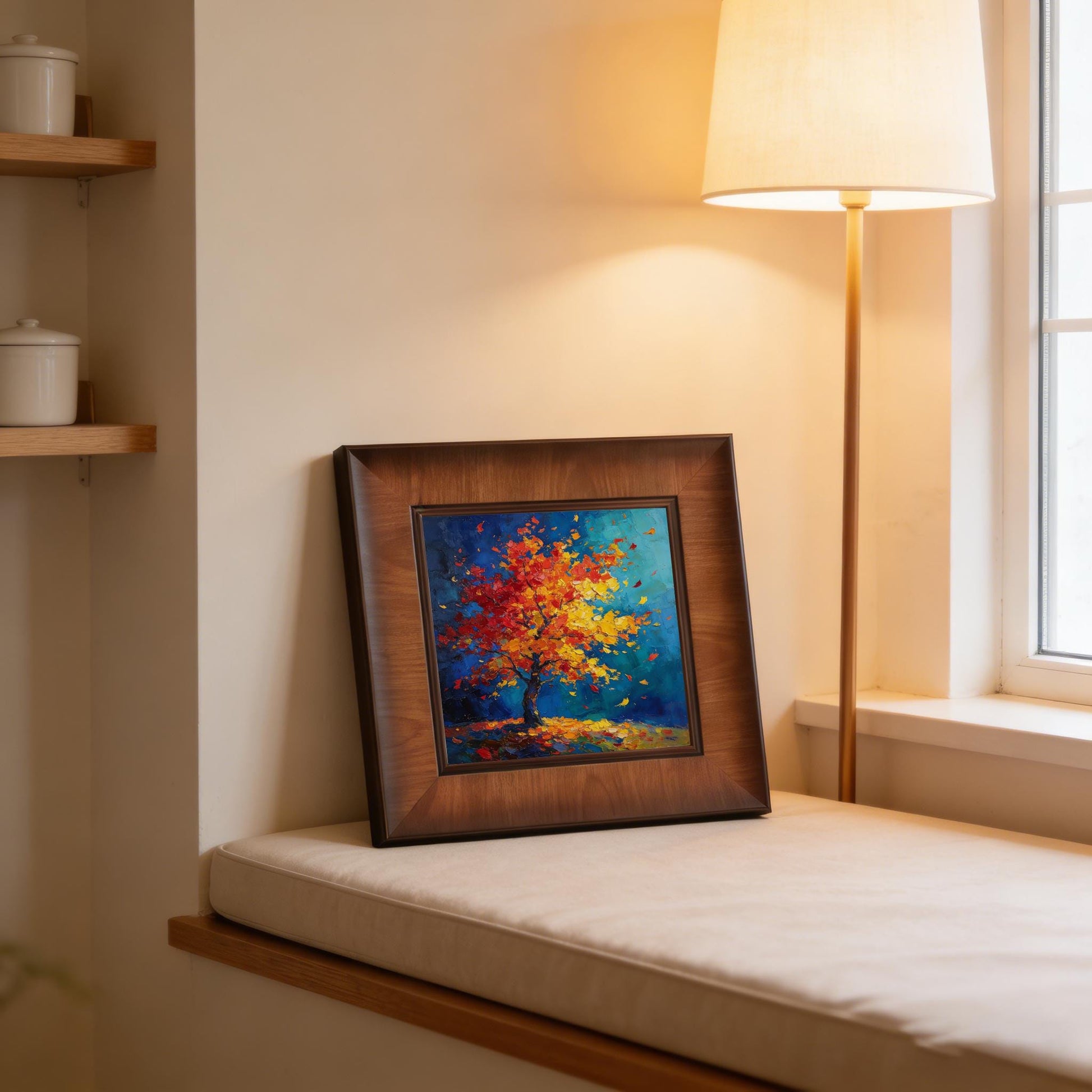 Square framed wall art resting on a cream window seat next to a modern floor lamp in a cozy, minimalist room