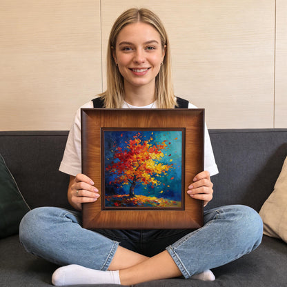 A woman sitting cross-legged on a grey sofa holding a square wood-framed autumn tree painting to show the scale and size of the product.