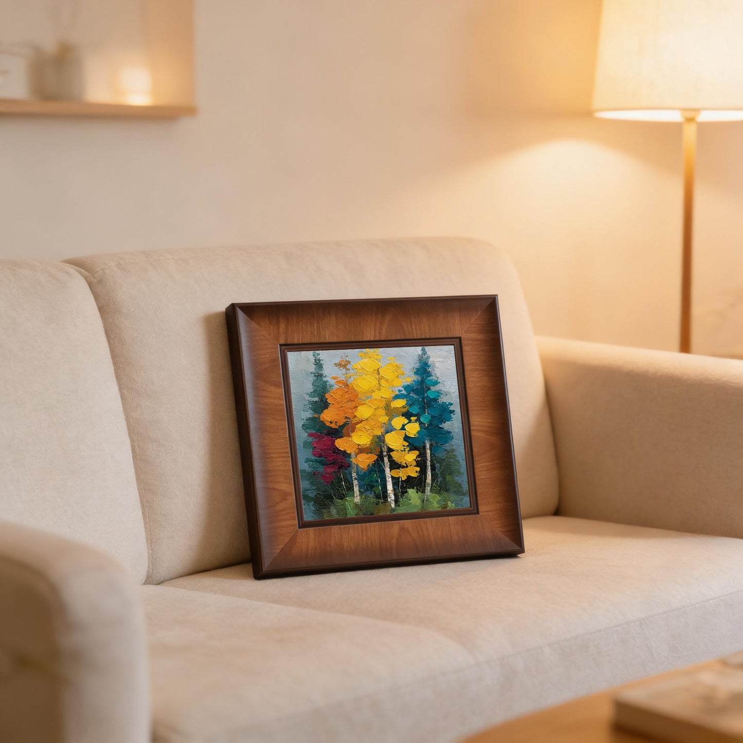 A textured forest art print in a deep brown wooden frame, leaning against the back of a beige fabric sofa in a cozy, warm-lit living room.