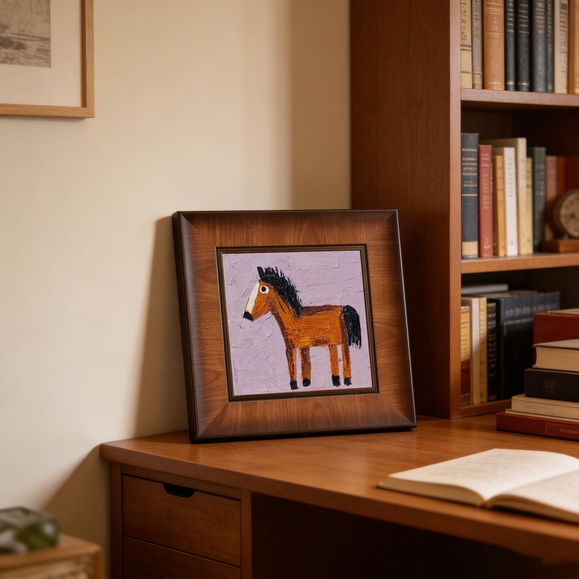 Impasto horse painting in a square wood frame leaning against a wall on a wooden desk next to a bookshelf, creating a cozy study vibe.