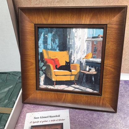 A front-facing view of the "Sun-Kissed Standoff" art print in a wide, dark wood frame. The artwork features a black cat lounging on a bright yellow armchair and a small yellow bird on a window ledge, rendered in a bold, textured impasto style.