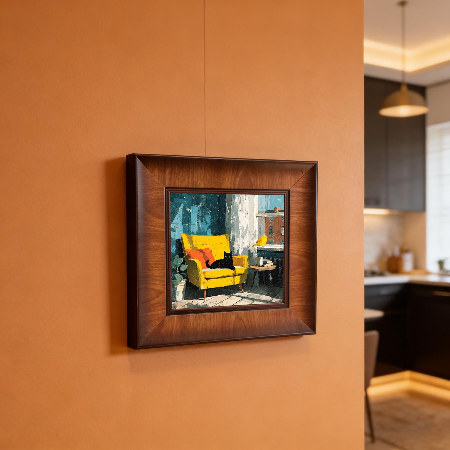 Square dark wood framed painting hung on a warm terracotta-colored wall in a modern home interior.