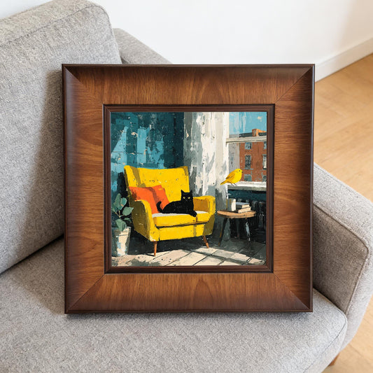 Square wooden picture frame with an impasto-style painting of a cozy room scene, centered on a grey fabric couch.