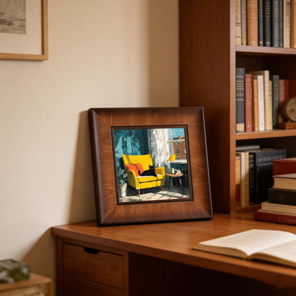 Framed art print of a black cat on a yellow chair leaning against a wall on a wooden office desk next to a bookshelf.