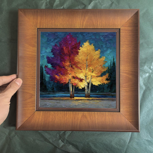 A hand holding the square wood-framed artwork against a dark green textured background, showcasing the frame's depth and sturdy build.