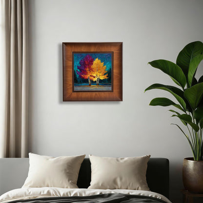 Square dark wood-framed oil painting of vibrant autumn trees centered on a minimalist white wall above a bed with neutral linens.
