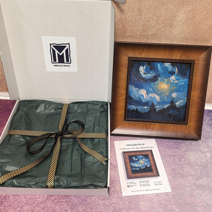 A close-up of the "Midnight Swirl" product information card. It includes the tagline "A little piece of the Sky, kept just for you," and lists premium features like 12-color giclée printing and museum-grade fine art paper.