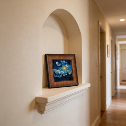 A square wooden framed abstract night sky print resting inside a classic white arched wall niche in a bright, neutral-toned hallway.