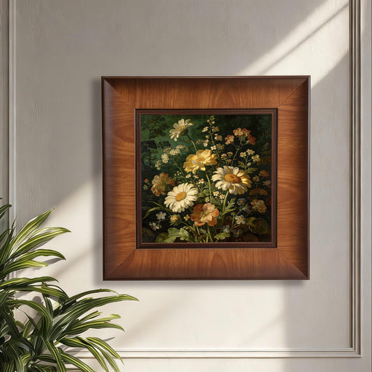 Vintage floral oil painting in a square walnut-finished wood frame, mounted on a white classic paneled wall with a green indoor plant in the foreground.