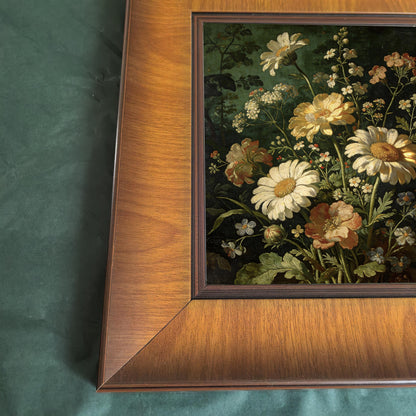 Detailed close-up of the corner of the wood frame, showing the high-quality wood grain texture and the fine details of the Dutch-style floral oil painting.