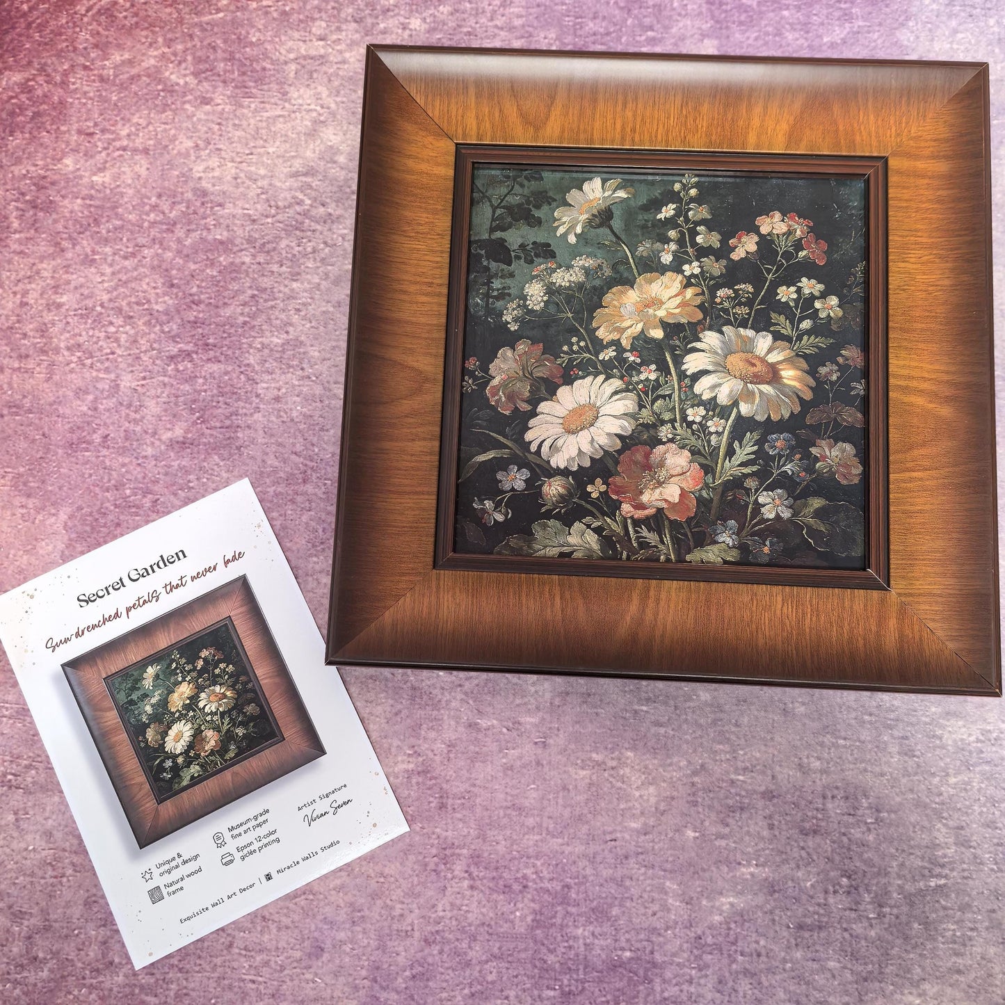 A direct, front-facing view of the "Secret Garden" framed art. The square print features a lush, vintage-style floral arrangement with white daisies and warm-toned wildflowers against a dark, moody background, all set in a wide, dark wood frame.