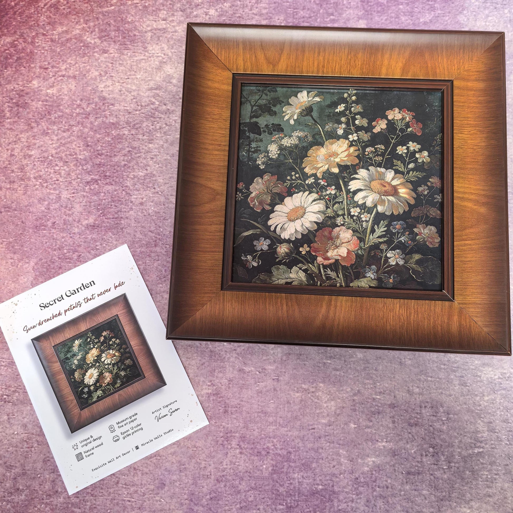 A direct, front-facing view of the "Secret Garden" framed art. The square print features a lush, vintage-style floral arrangement with white daisies and warm-toned wildflowers against a dark, moody background, all set in a wide, dark wood frame.