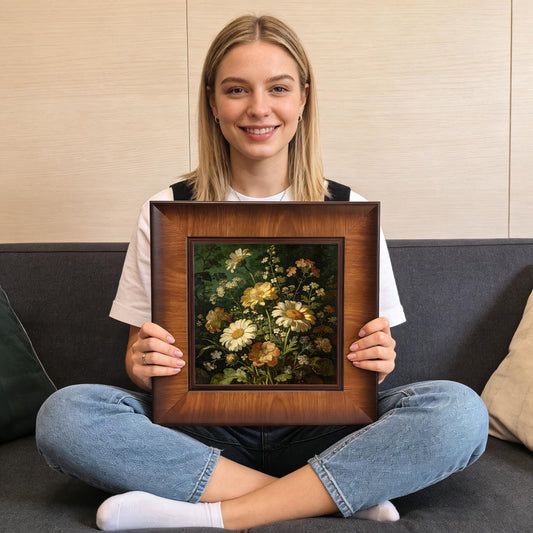 A woman sitting on a sofa holding the square wood-framed floral artwork, providing a clear sense of the product's scale and size for customers.