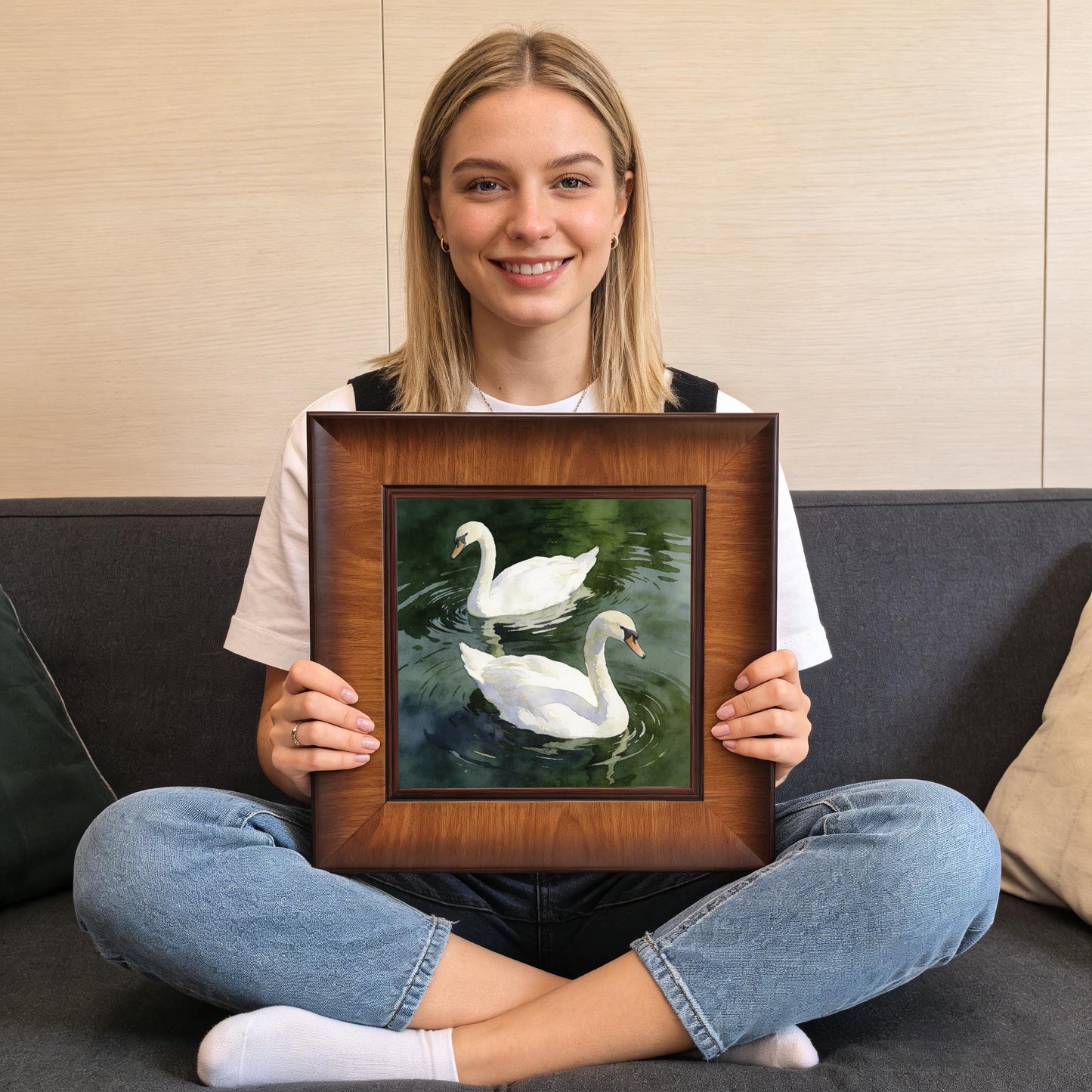 A woman sitting cross-legged on a gray sofa holding the square wood-framed swan print to show the product's scale and size.
