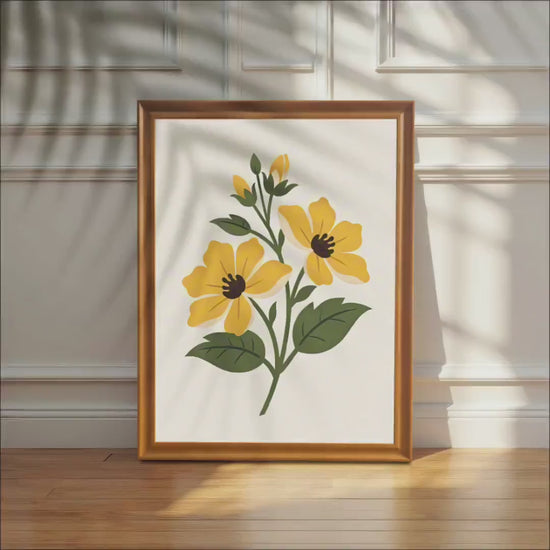 Minimalist Yellow Floral Illustration Art Print, Wood Framed Wall Hanging Decor