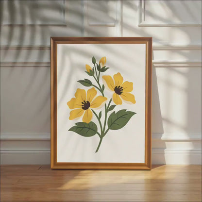 Minimalist Yellow Floral Illustration Art Print, Wood Framed Wall Hanging Decor