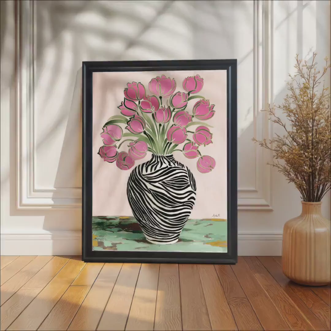 Bold Pink Tulip Zebra Vase Art Print: Wood Frame, Ready to Hang Wall Decor