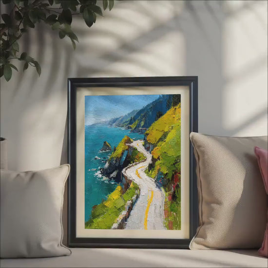 Physical Wood Framed Coastal Highway Oil Painting Art Print, Scenic Ocean Road Poster