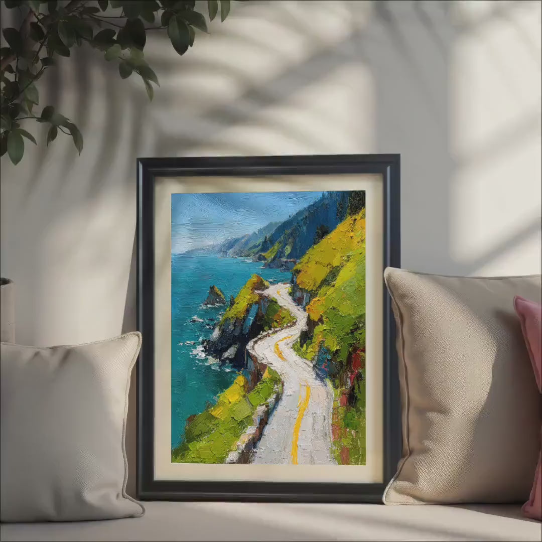Physical Wood Framed Coastal Highway Oil Painting Art Print, Scenic Ocean Road Poster
