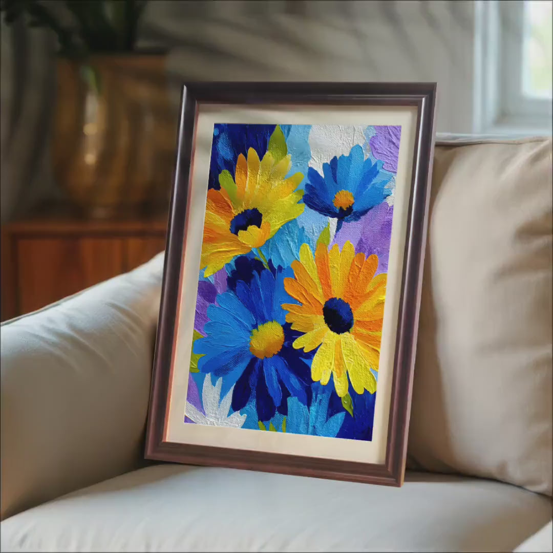 Vibrant Daisy Floral Art Print: Oil Painting Style, Wood Frame, Wall Art Decor
