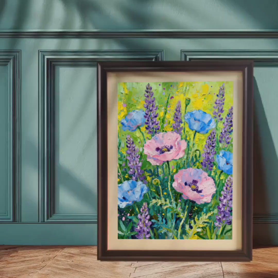 Vibrant Floral Poppy Lavender Art Print: Giclee Wall Decor, Wood Frame