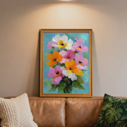 A short video showcasing a vibrant impasto oil painting of pink, orange, and white flowers in different interior settings. It begins with the painting in a light wood frame resting on a leather couch, then transitions to a black-framed version hanging above a sofa with orange pillows, eventually displaying a "Miracle Wall" logo overlay.