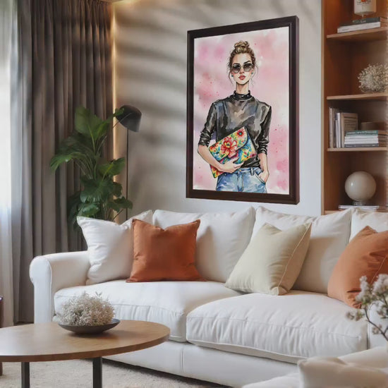 Floral Clutch Fashion Woman Watercolor Painting Print | Wood Framed Wall Art Poster