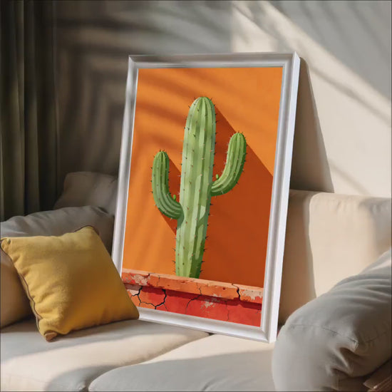 Desert Cactus Wall Art Print: Vibrant Orange & Green, Wood Frame